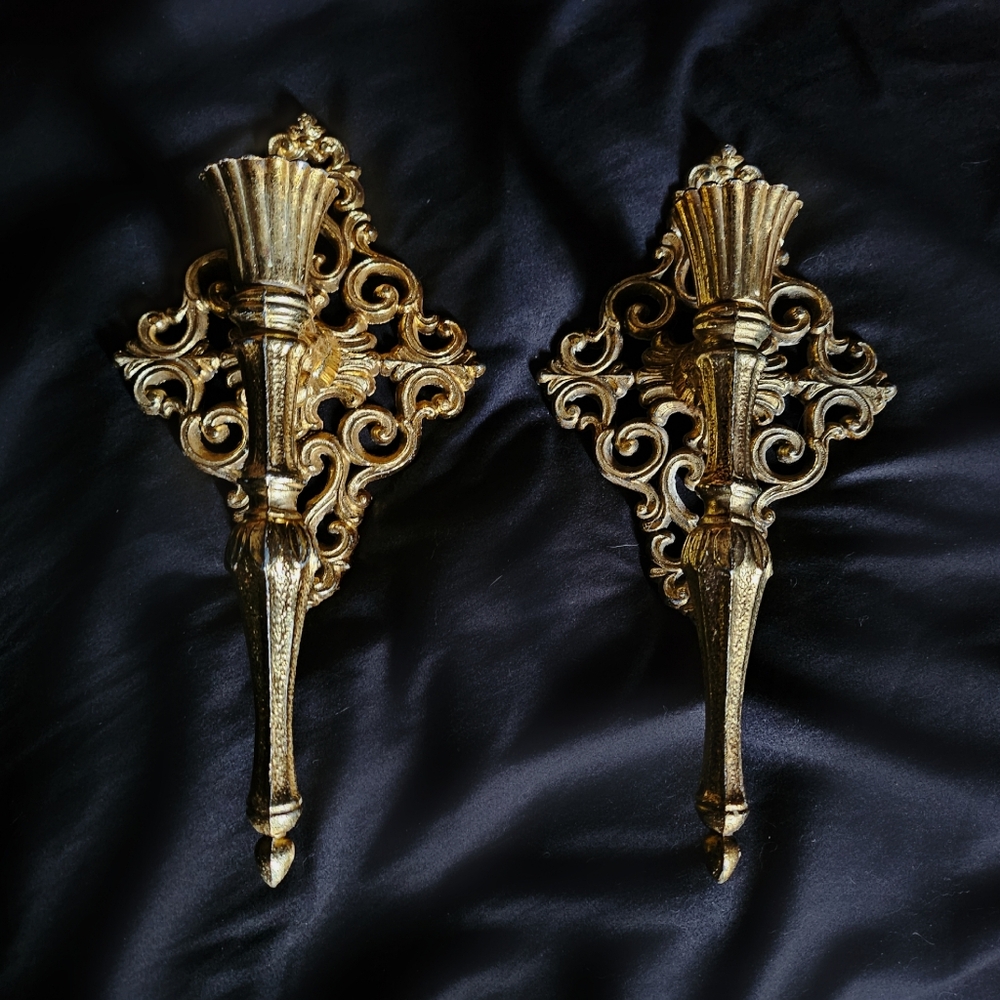 Vintage Wall Sconces MCM Hollywood Regency Ornate Gold-Toned Metal